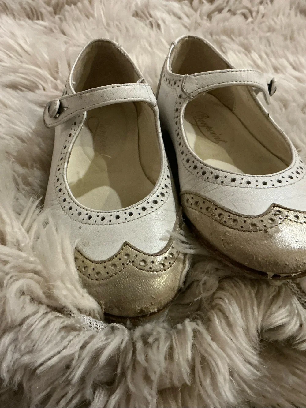 Bonpoint White and Gold Mary Jane Girls Shoes